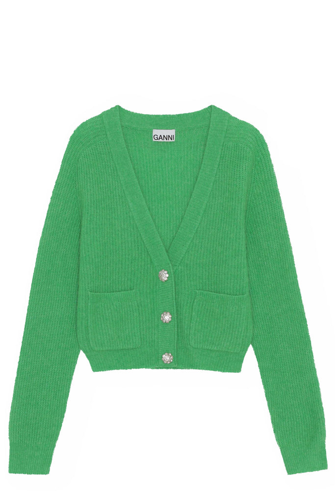 The embellished-button knitted wool cardigan in kelly green from the brand GANNI.