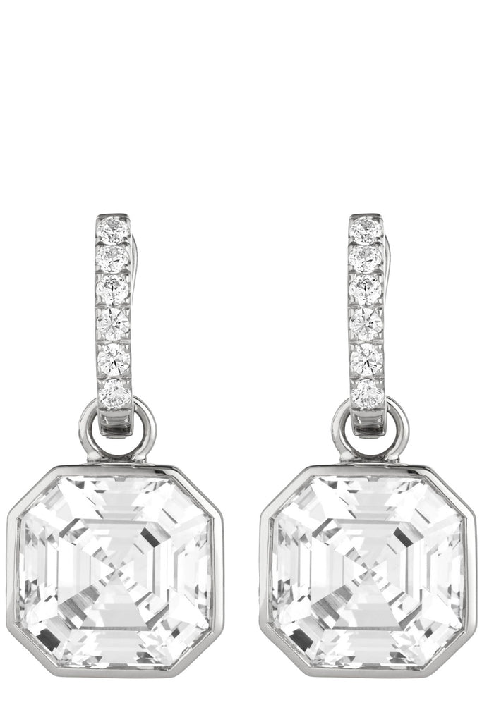 The Deco Dreams drop earrings in silver and clear colours from the brand HEAVENLY LONDON