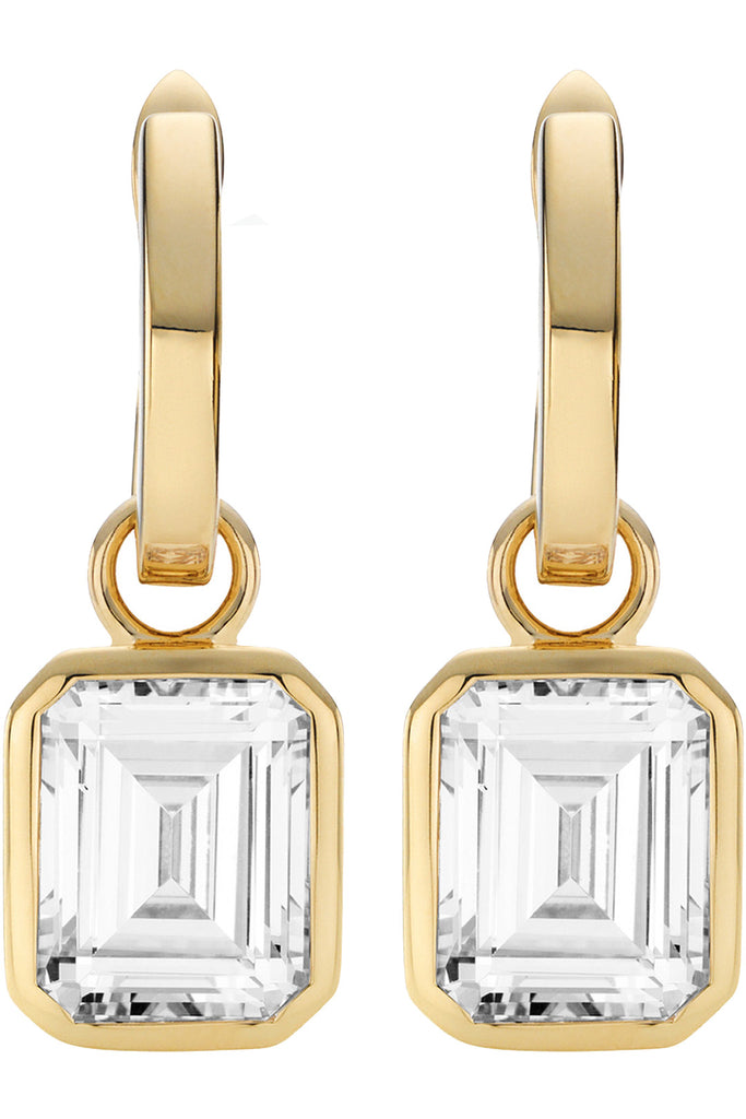 The Emerald Cut drop earrings in gold and clear colours from the brand HEAVENLY LONDON