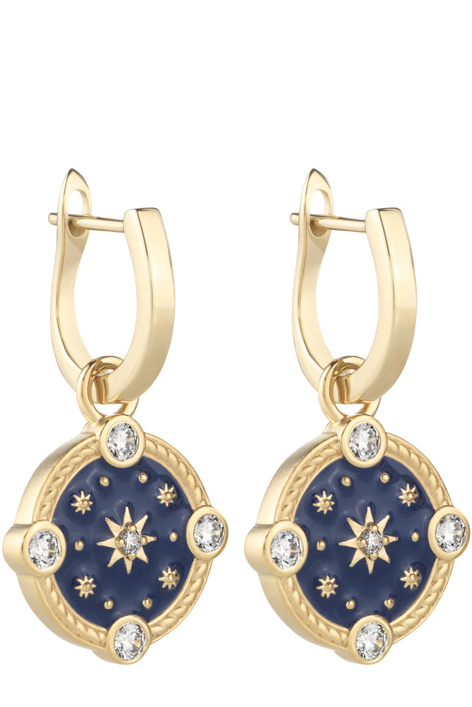 The New Romantics Leo drop earrings in gold and blue earrings from the brand HEAVENLY LONDON