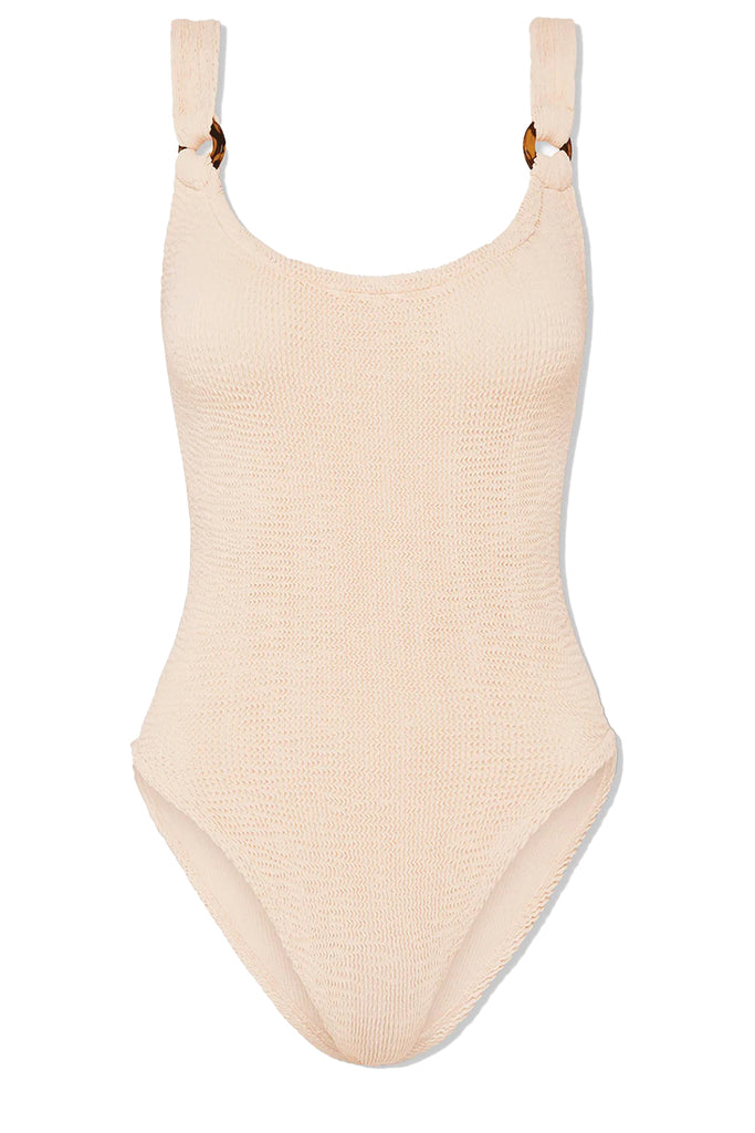 The Domino Ring-Detail Swimsuit in blush colour from the brand HUNZA G