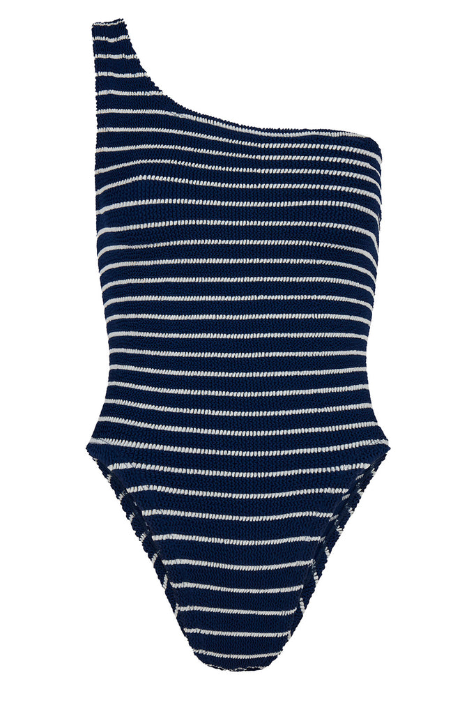 The Nancy asymmetric swimsuit in navy and white colors from the brand HUNZA G