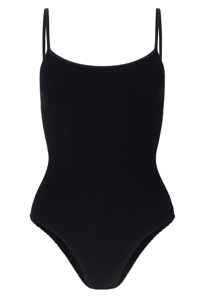 The Pamela spaghetti-strap swimsuit in black color from the brand HUNZA G