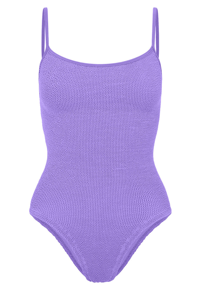 The Pamela spaghetti-strap swimsuit in lilac color from the brand HUNZA G