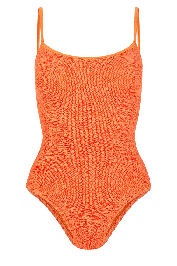 The Pamela spaghetti-strap swimsuit in orange color from the brand HUNZA G