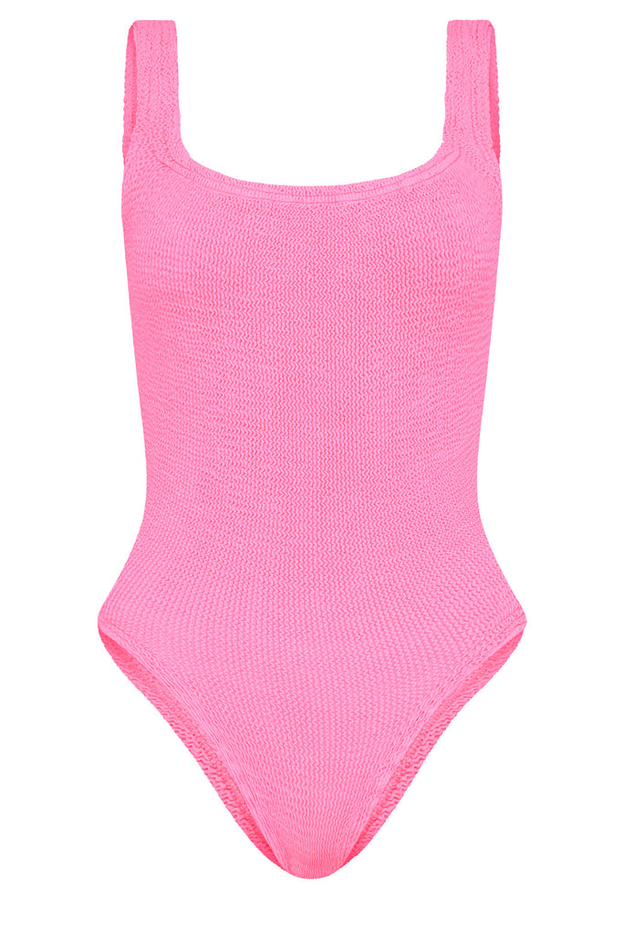 The square-neck swimsuit in bubblegum color from the brand HUNZA G