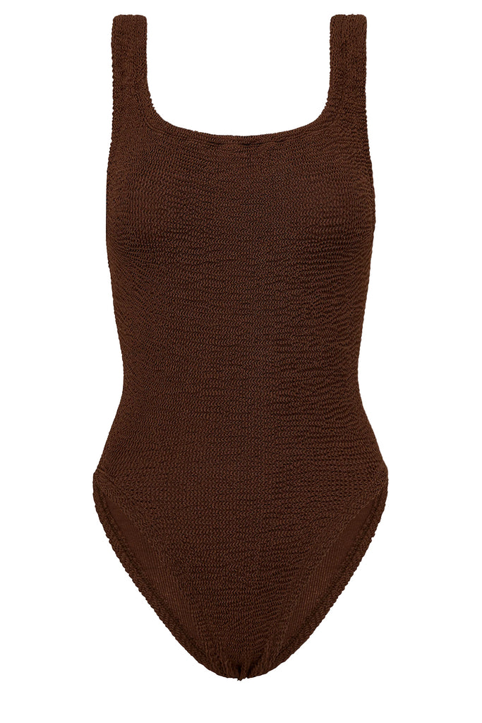 The Square-Neck Swimsuit in Metallic Chocolate colour from the brand HUNZA G