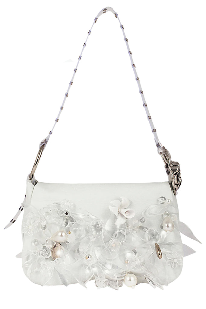 The crystal-embellished shoulder bag in silver and white colours from the brand LA MANSO