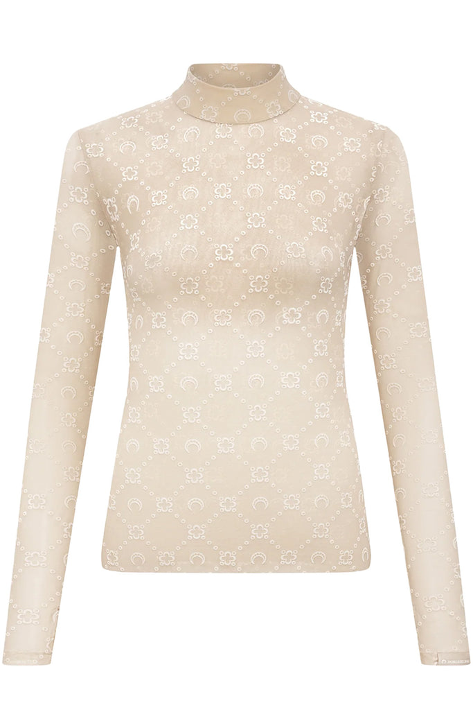 The logo-pattern long-sleeve mesh top in white color from the brand MARINE SERRE