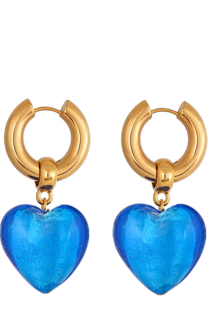 The Heart Of Glass hoop earrings in gold and atlantis blue colours from the brand MAYOL JEWELRY