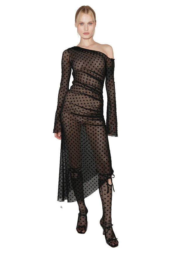 Mesh Monogram Dropped Shoulder Midi Dress