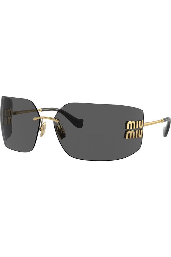 The metal-temple logo-detail shield sunglasses in gold and dark grey from the brand MIU MIU