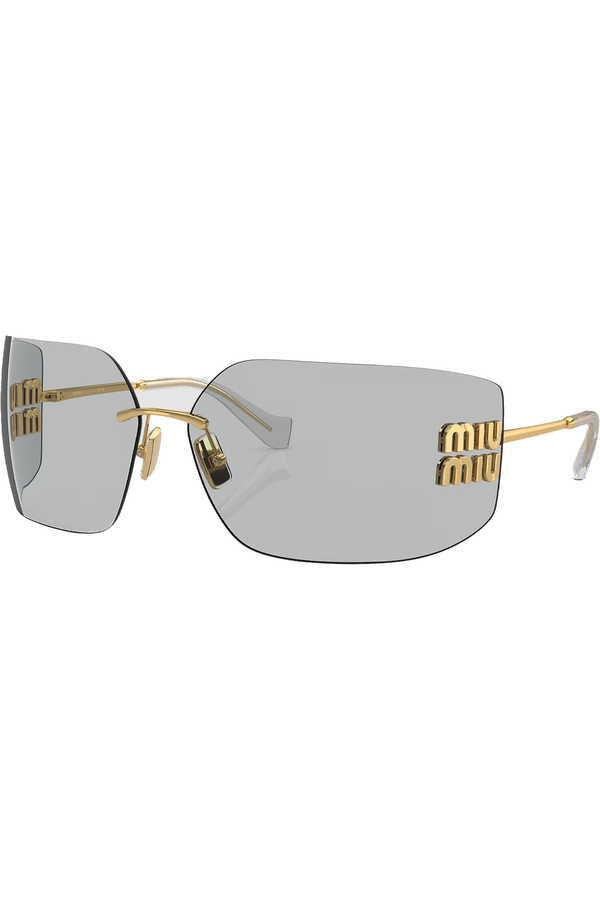 The metal temple logo detail shield sunglasses in gold and light grey color from the brand MIU MIU