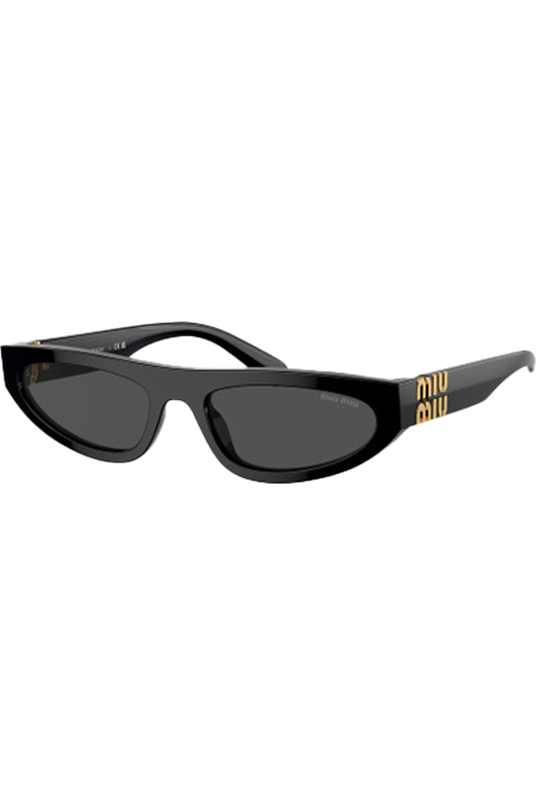 The narrow frame logo temple sunglasses in black and dark grey color from the brand MIU MIU