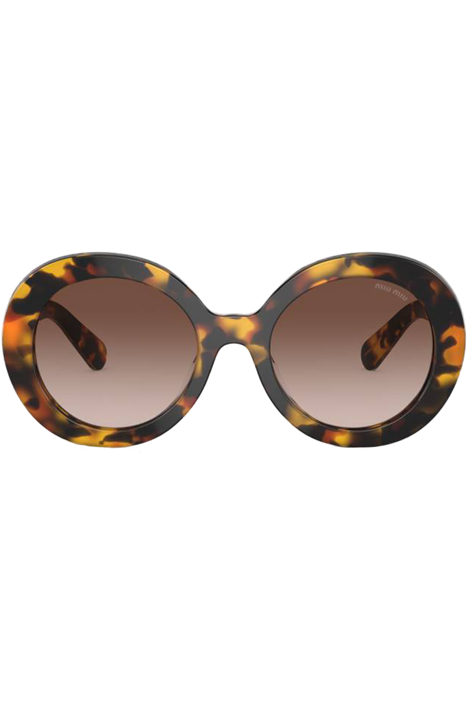 The oval bold frame logo embellished sunglasses in honey havana and gradient brown color from the brand MIU MIU 