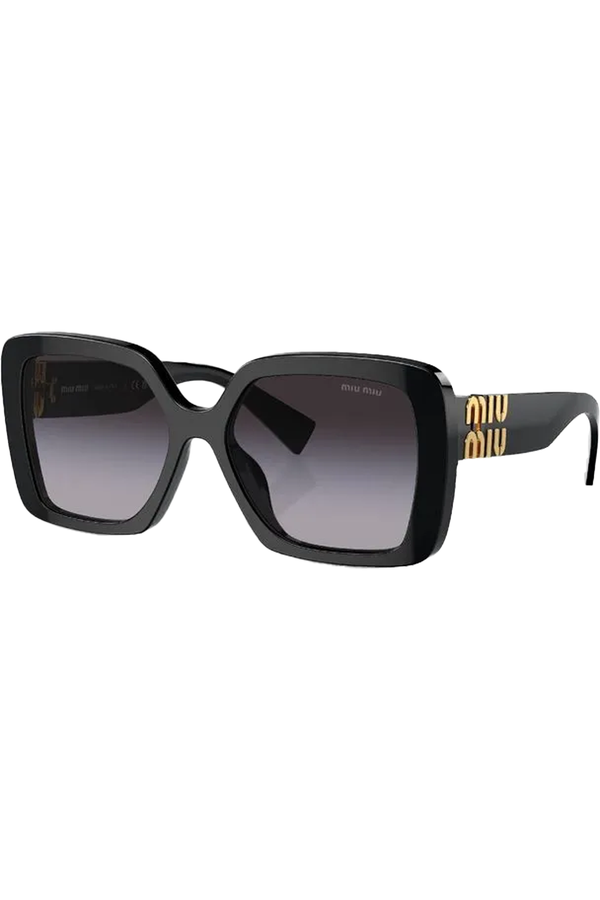 The pillow frame wide temple sunglasses in black and gradient grey color from the brand MIU MIU 