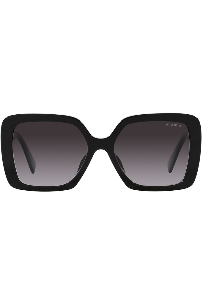 The pillow frame wide temple sunglasses in black and gradient grey color from the brand MIU MIU 