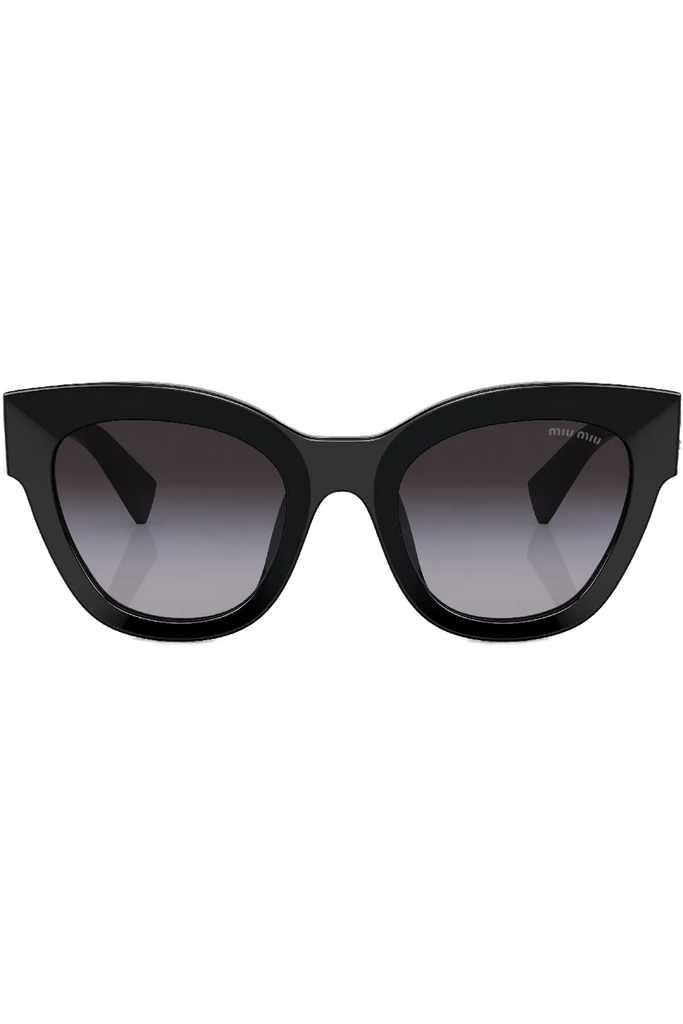 The square frame metal logo hinge sunglasses in black and gradient gray color from the brand MIU MIU