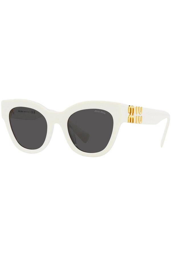 The square frame metal logo hinge sunglasses in white and dark grey color from the brand MIU MIU