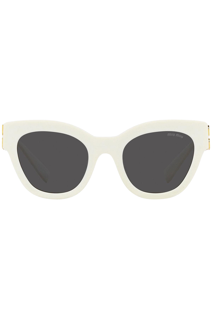 The square frame metal logo hinge sunglasses in white and dark grey color from the brand MIU MIU 
