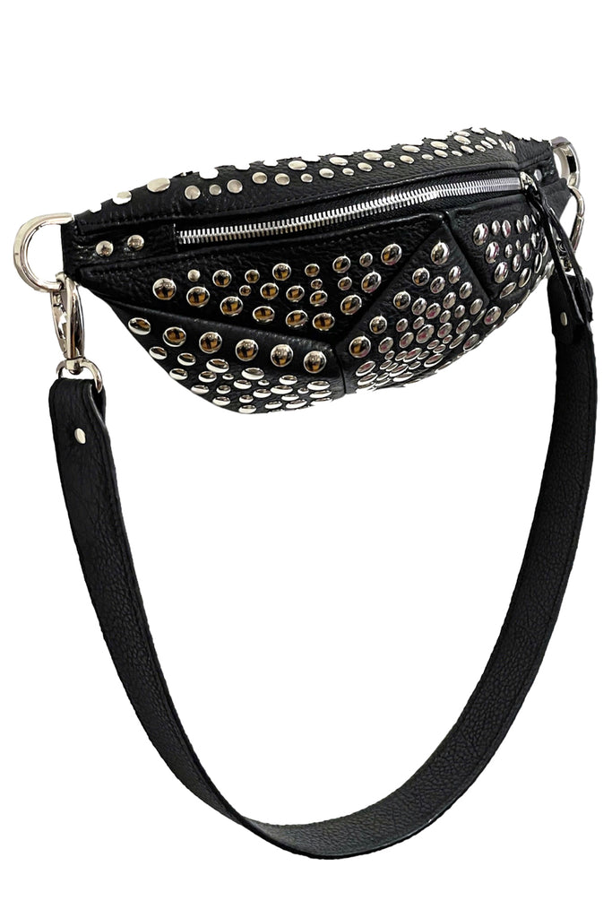 The metal rivet-embellished cross-body bag in black colour from the brand NASHA
