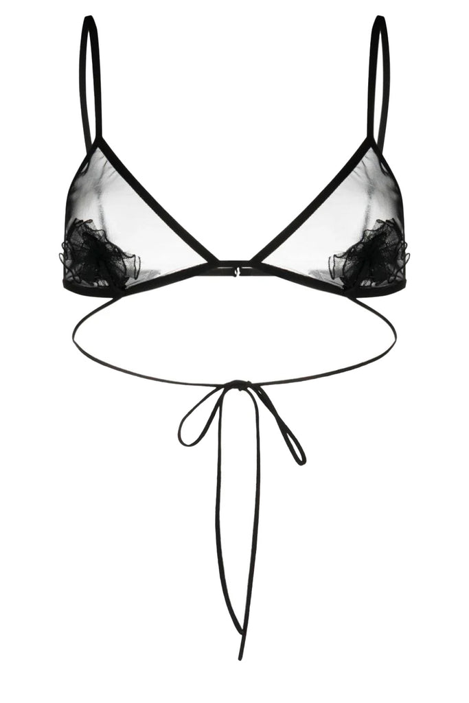 The flower-detail mesh triangle bra in black color from the brand NENSI DOJAKA