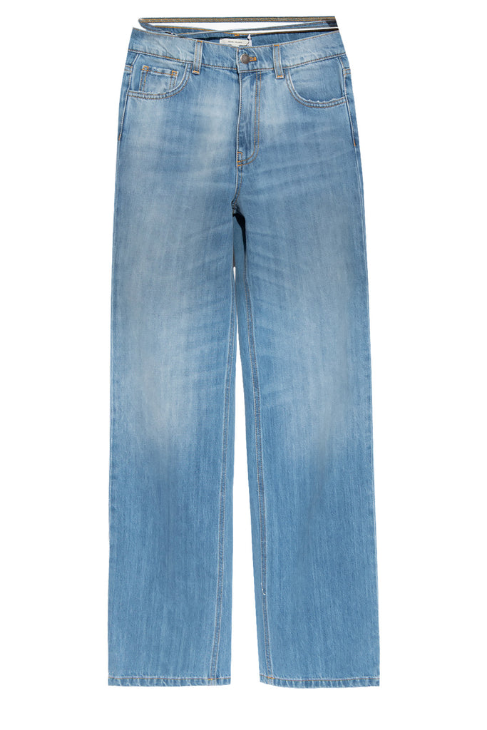 The hip strap-detail boyfriend jeans in blue color from the brand NENSI DOJAKA