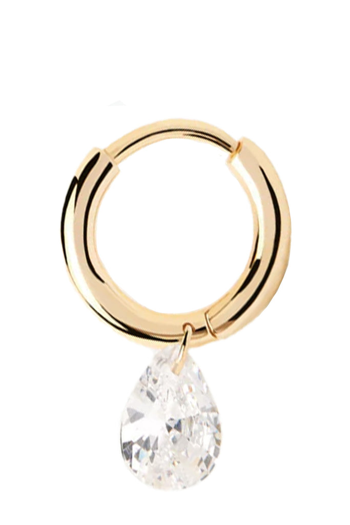The Aqua single hoop earring in gold and clear colours from the brand P D PAOLA