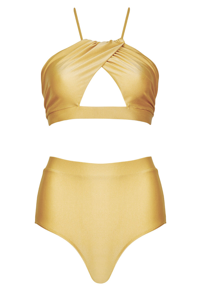 The Cara cut-out neck-tie bikini in gold color from the brand PELSO