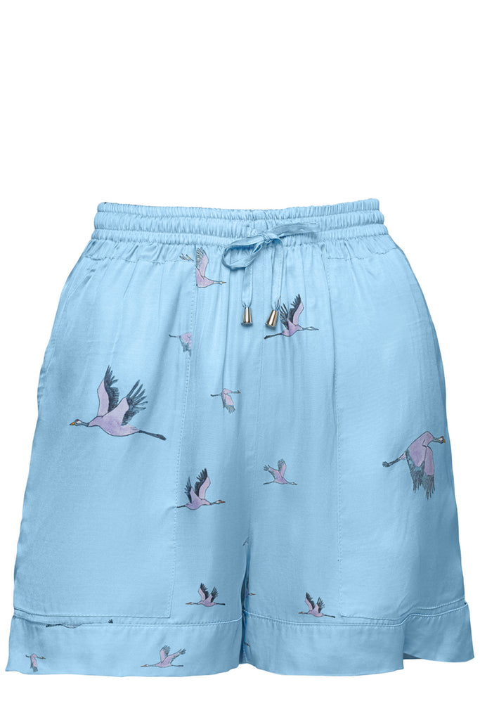 The Sara heron-print elastic-waist shorts in light blue color from the brand PELSO