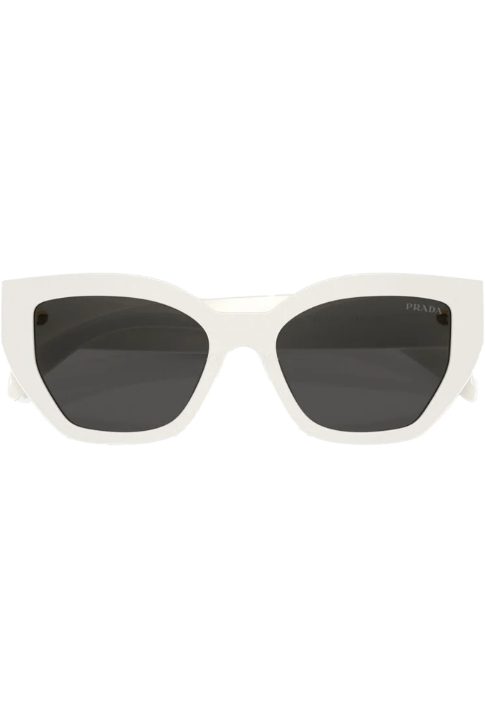 The cat eye metal logo embellished sunglasses in white and dark grey  color from the brand PRADA