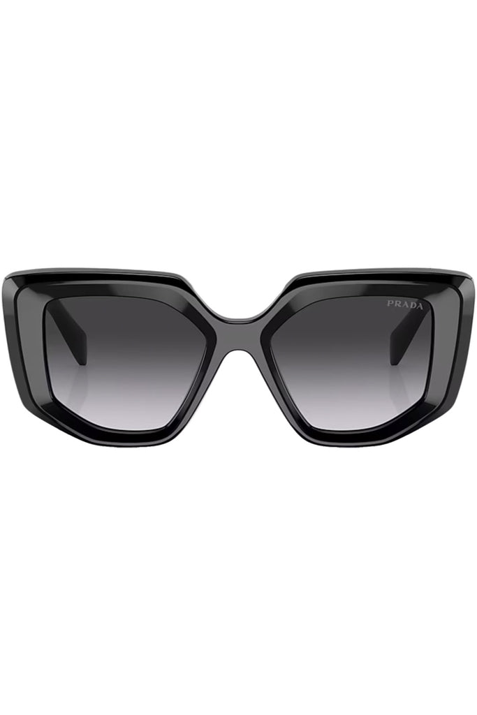 The geometric oversize-frame signature logo-plaque sunglasses in black color with grey lenses from the brand PRADA