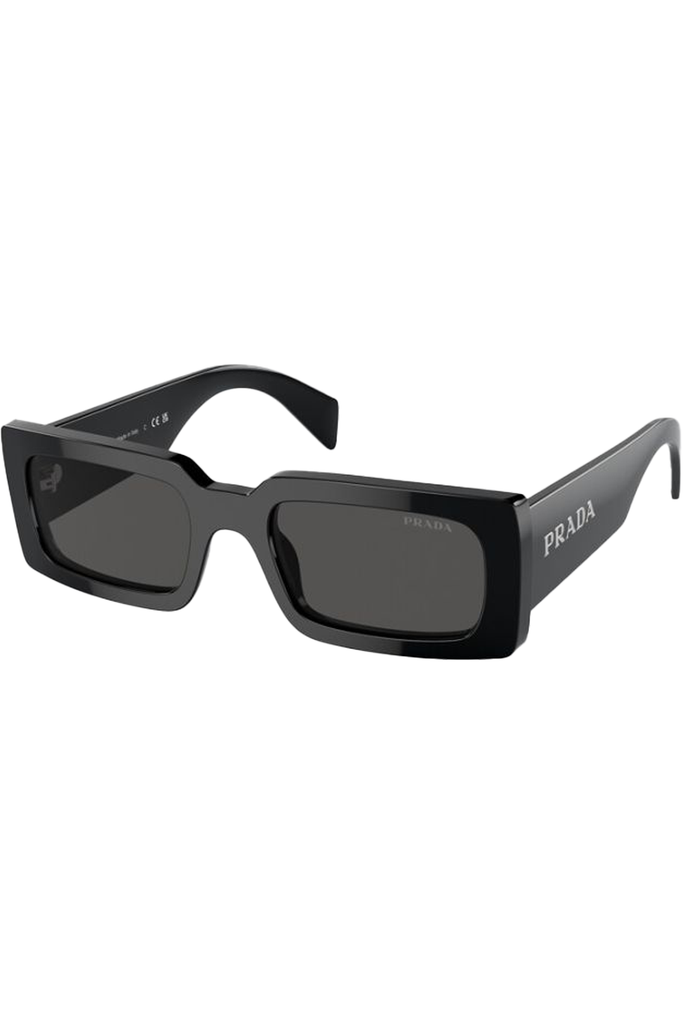The narrow square frame sunglasses in black and dark grey lenses color from the brand PRADA 