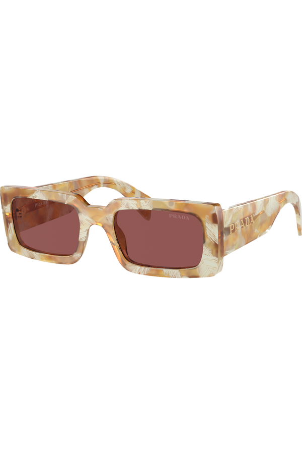 The narrow  square frame sunglasses desert tortoise and dark violet color from the brand PRADA