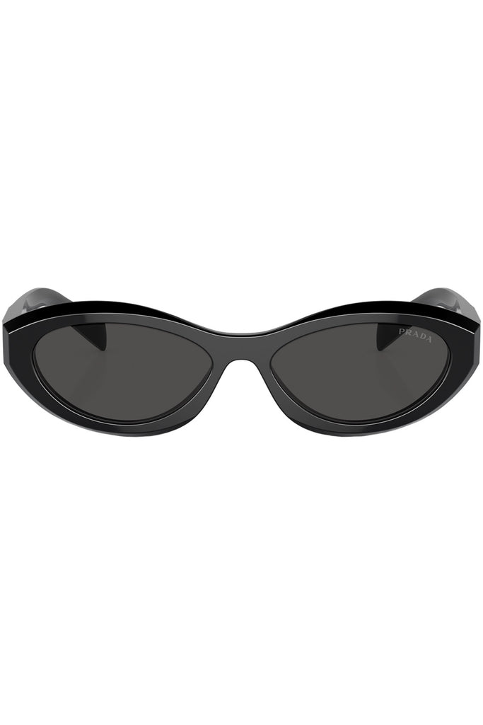 The oval-frame geometric-temple sunglasses in black color with grey lenses from the brand PRADA