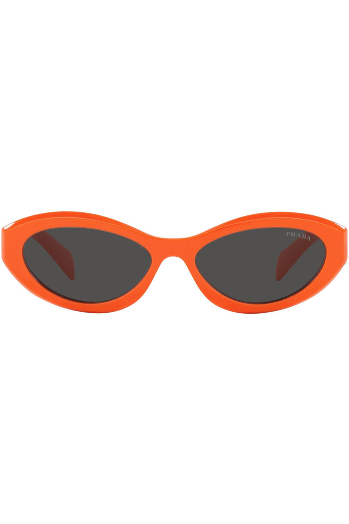 The oval-frame geometric-temple sunglasses in orange color with grey lenses from the brand PRADA
