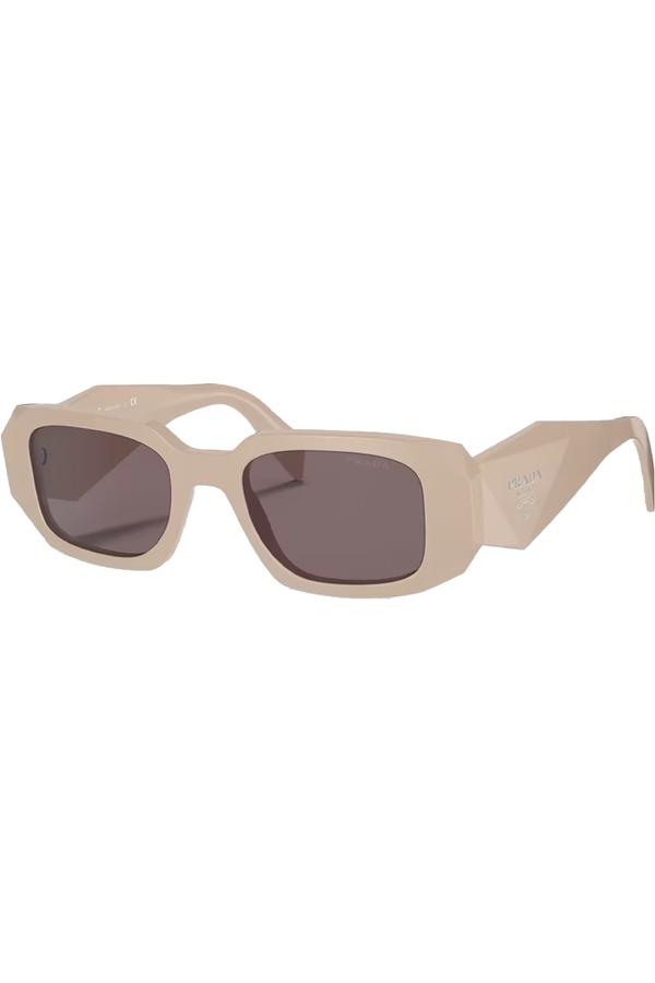 The rectangular geometric temple sunglasses in powder purple and brown color from the brand PRADA