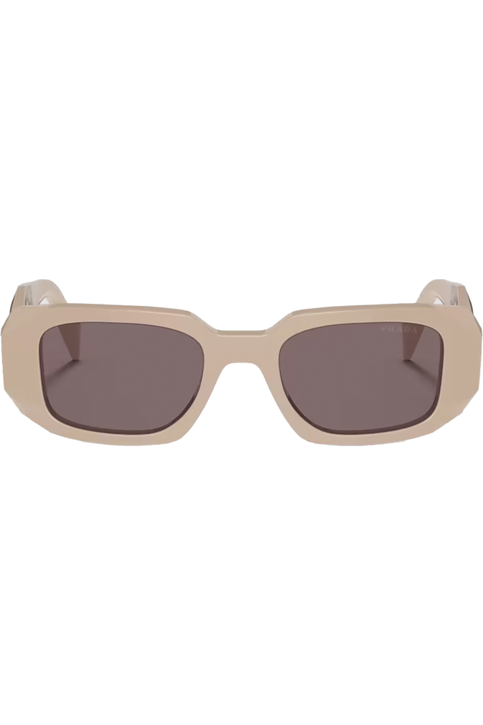 The rectangular geometric temple sunglasses in powder purple and brown color from the brand PRADA