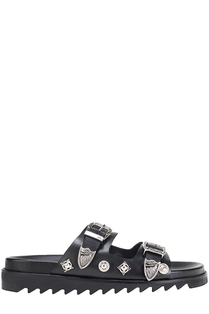 The metal-embellished buckle-detail leather sandals in black colour from the brand TOGA PULLA