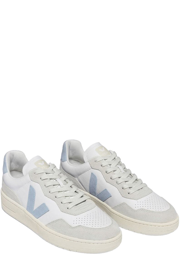 The V-90 organic-traced leather sneakers in white and steel colors from the brand VEJA