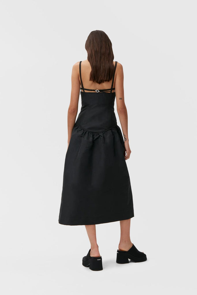 Long midi ruched black fitted spaghetti strap dress