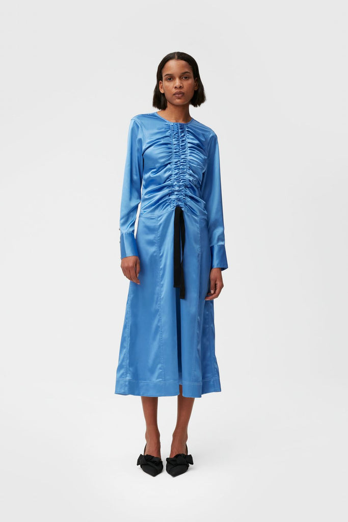 ganni ruched dress Embellished ruched tie-detailed satin midi dress - dark green