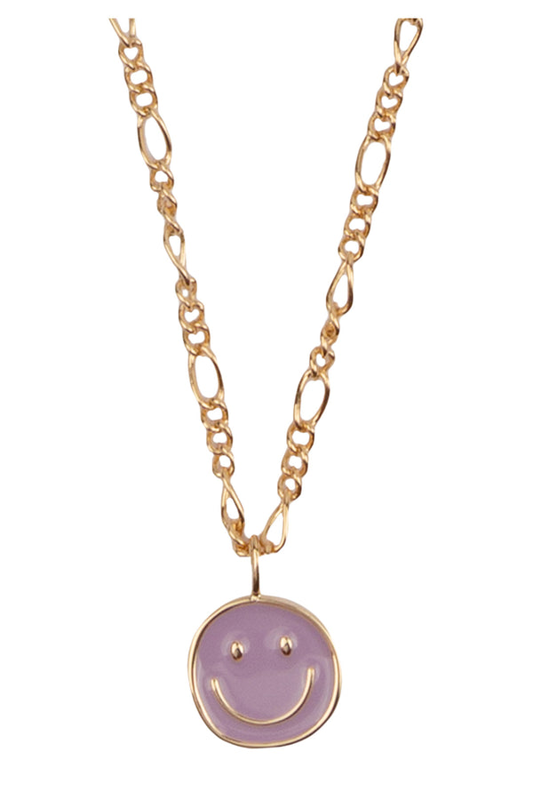 The Smiley Face Coin necklace in purple and gold color from the brand ALL THE LUCK IN THE WORLD
