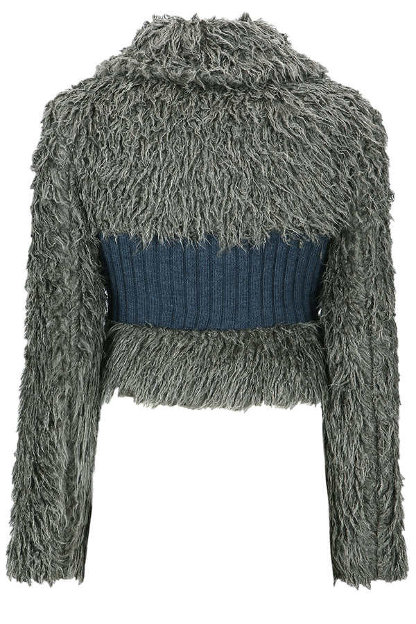 The Olga belted panelled-pattern shearling sweater in grey color from the brand ANDERSSON BELL
