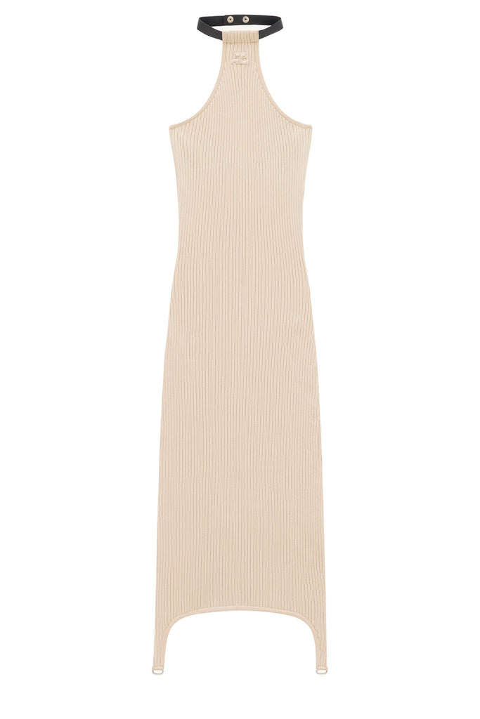 Ribbed-Knit Suspenders-Detail Dress