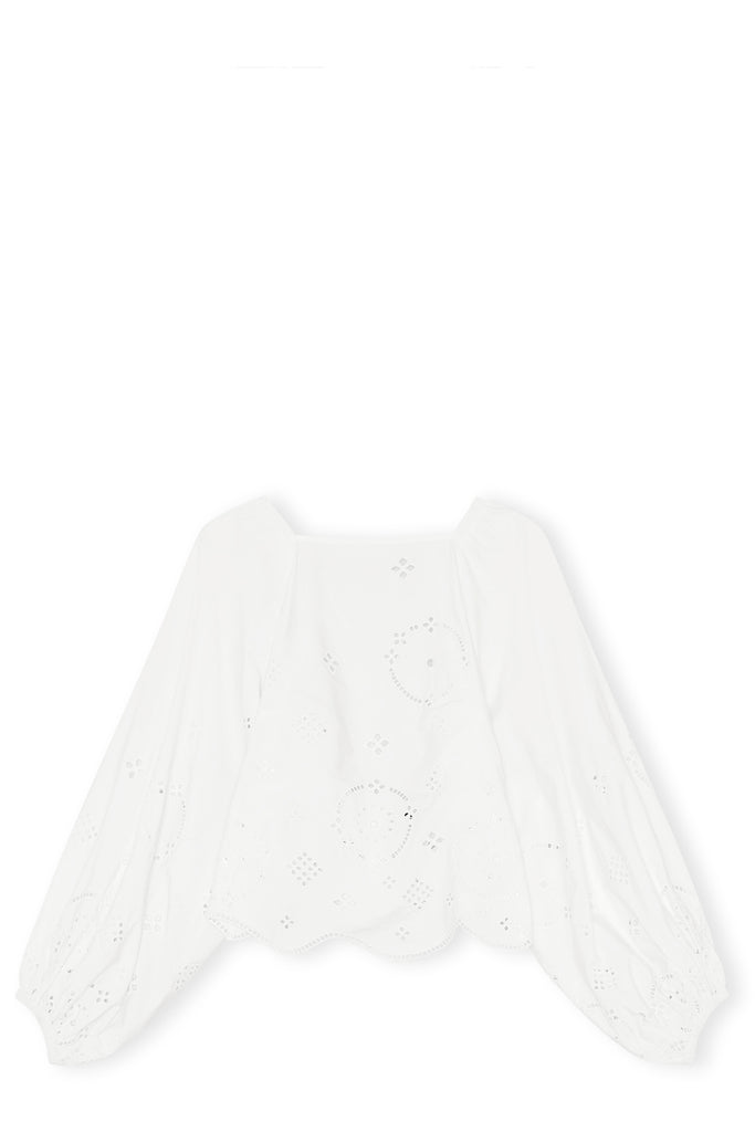 The broderie-anglaise organic cotton blouse in bright white color from the brand GANNI.