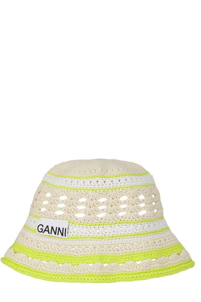 The crocheted organic cotton bucket hat in natural yellow color from the brand GANNI.