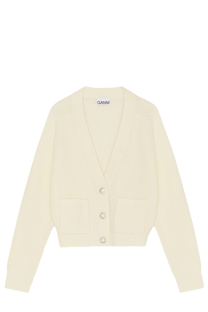 The embellished-button kitted wool cardigan in alabaster gleam color from the brand GANNI.