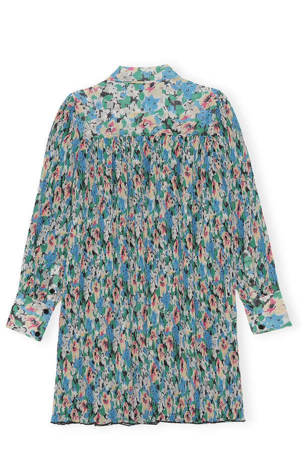 Floral-Pattern Pleated Recycled Polyester Mini Shirt Dress