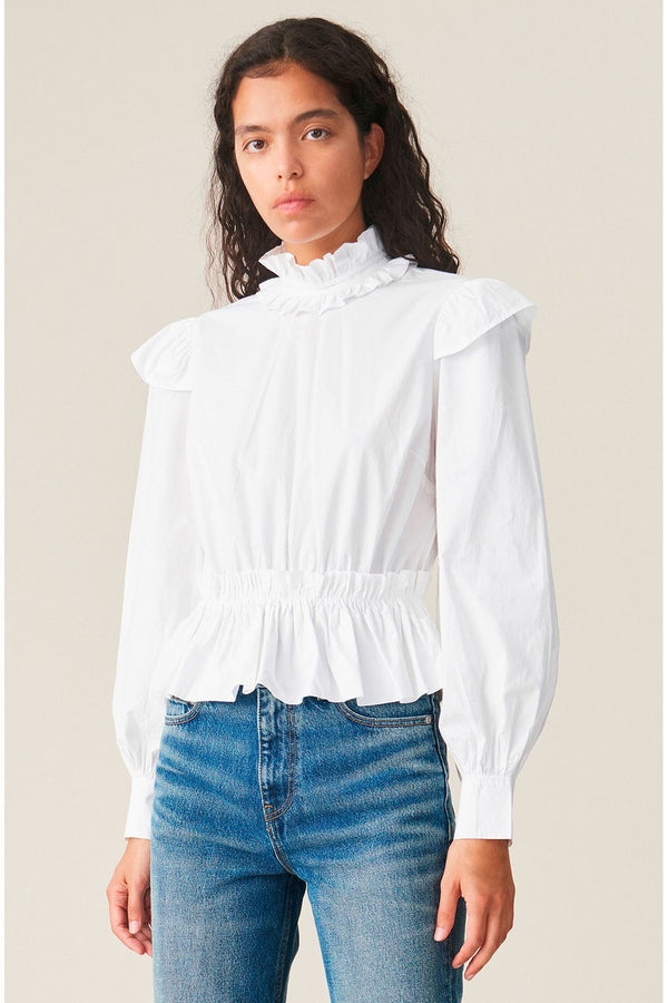 ganni frilled organic cotton blouse bright white fodros bluz